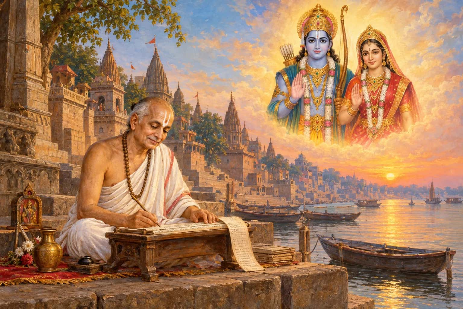 Goswami Tulsidas composing the Ramcharitmanas beside the Ganga at sunrise.
