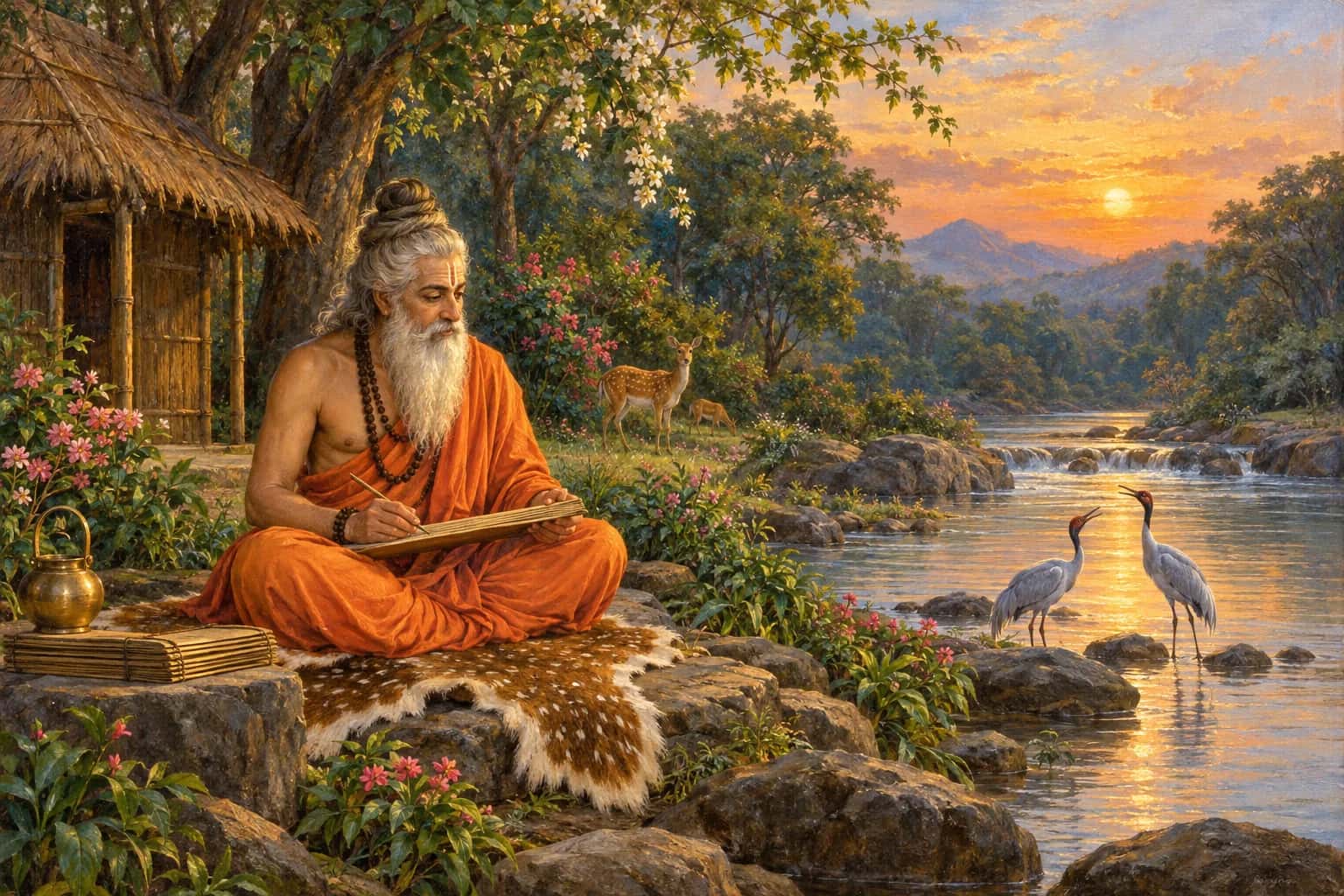 Maharshi Valmiki watching a pair of krauncha birds at the water.