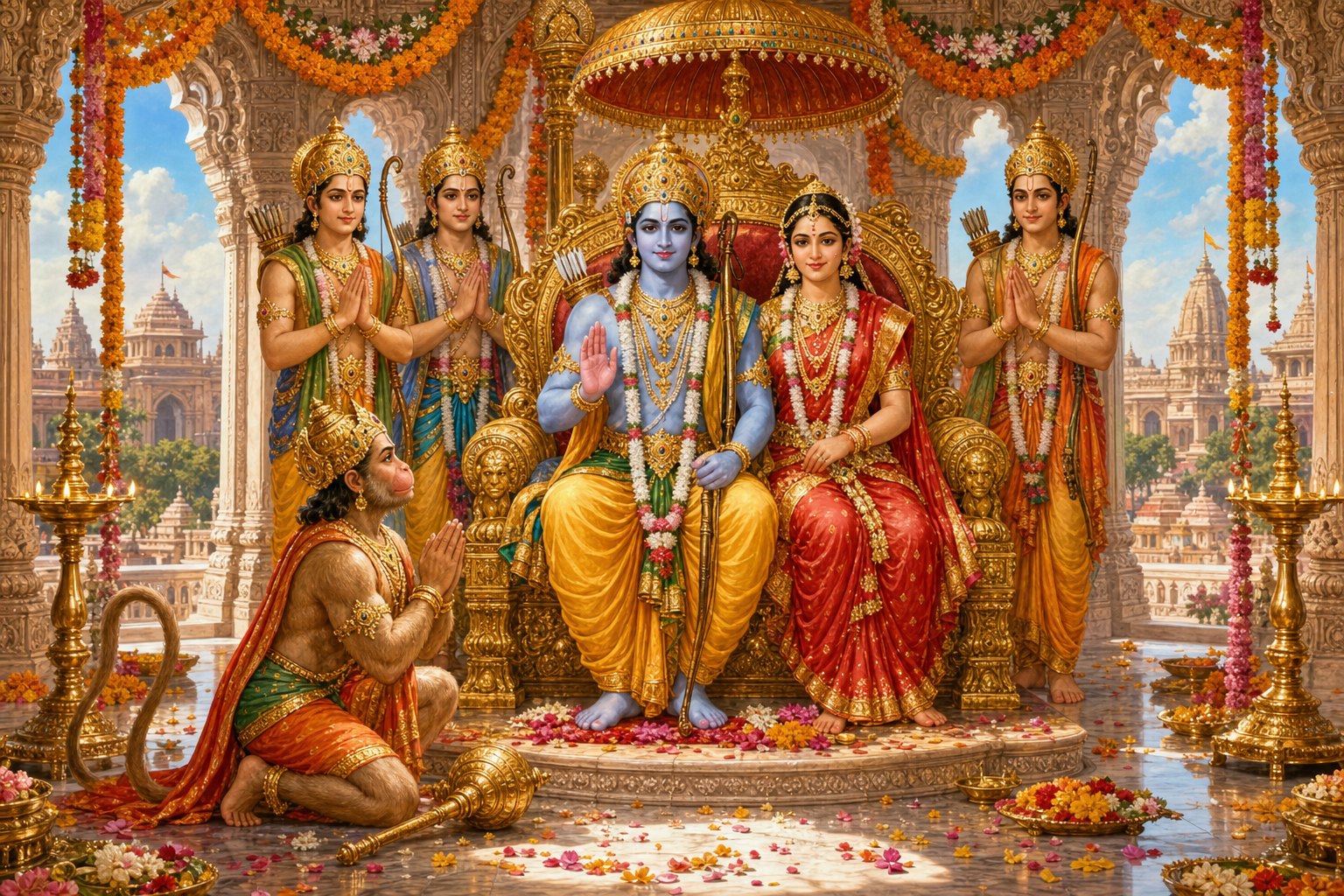 Shri Ram and Mata Sita enthroned at Ayodhya beneath a jewelled parasol, with Lakshman, Bharat and Shatrughna standing behind them and Hanumanji kneeling at the foot of the throne.